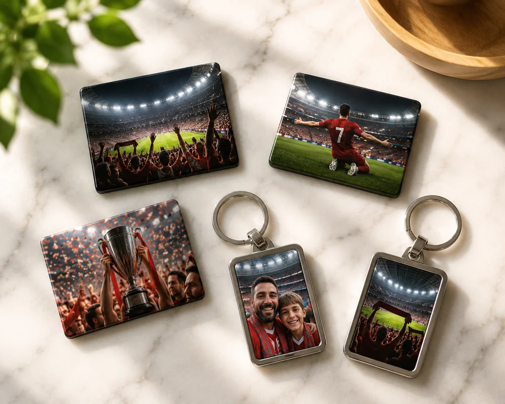 Photo keychains and fridge magnets featuring football match day memories and 2026 snapshots