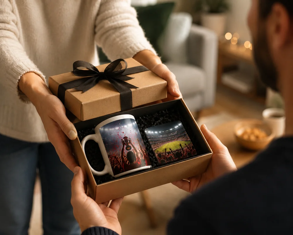Football themed gift box with personalized photo mug and keepsakes for fans
