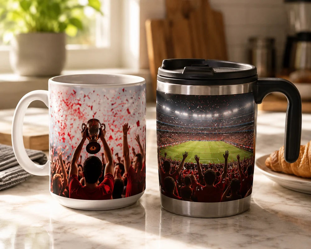 Custom photo mugs and travel mugs featuring football stadium photos and summer 2026 memories