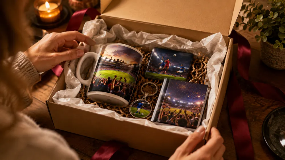 Open gift box containing personalised football fan souvenirs including a custom photo mug, magnets, and a keychain
