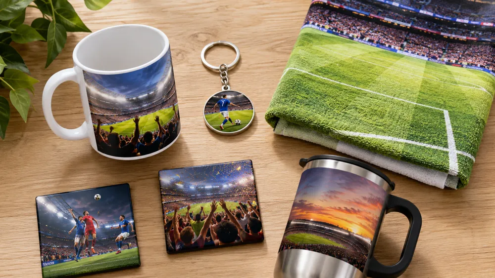 Collection of custom football fan souvenirs including photo mugs, magnets, keychains, and towels made from personal match-day photos