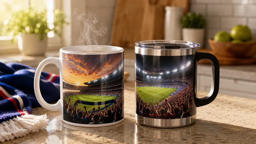 Side-by-side comparison of ceramic photo mug and insulated travel mug both featuring football stadium photographs