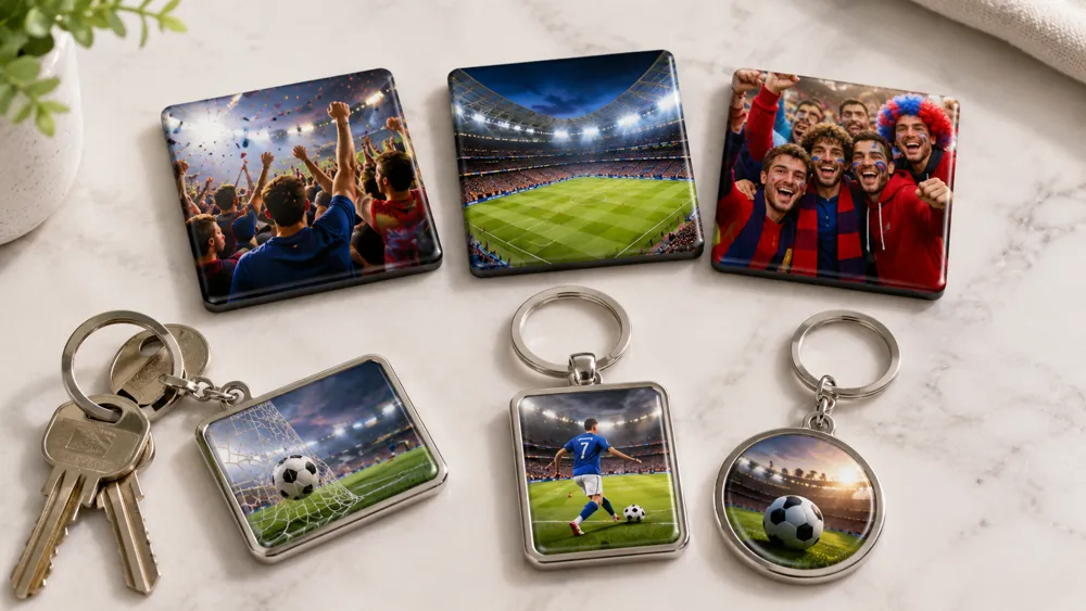 Custom photo keychains and fridge magnets featuring different football match-day memories and fan group photos