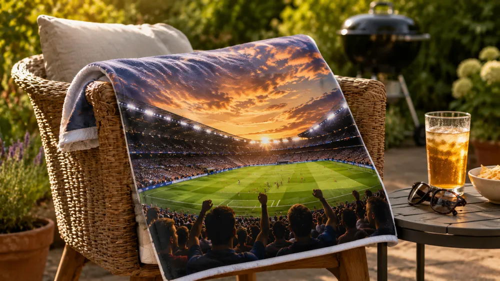 Custom photo towel featuring a football stadium panorama at sunset draped over an outdoor chair at a summer garden party
