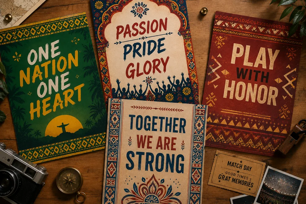 Country-themed football fan posters featuring flag colours and cultural design elements from different nations
