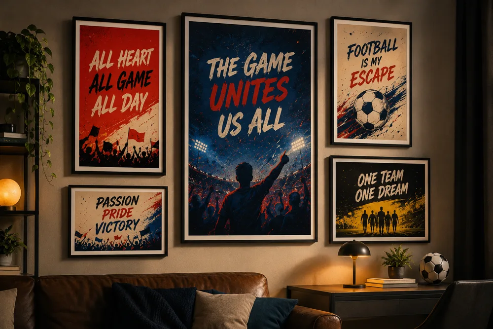 Framed football fan posters displayed as a gallery wall collection in a stylish living room
