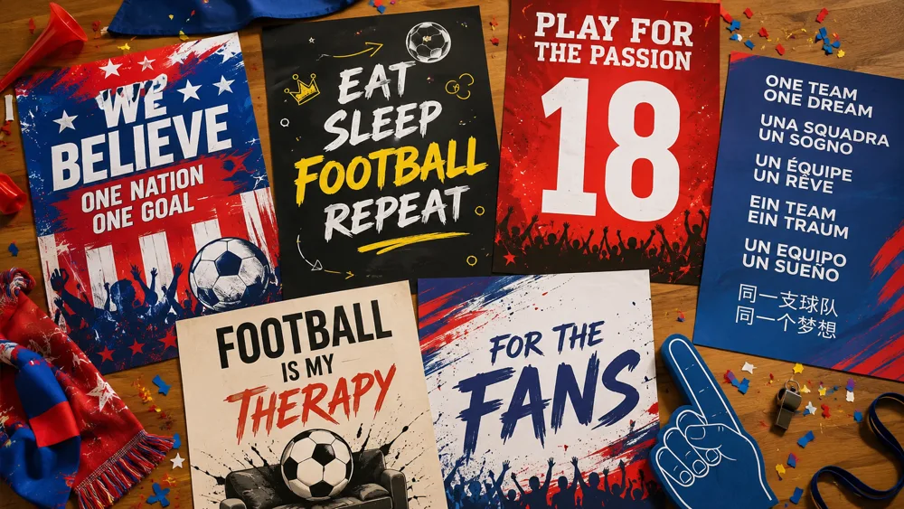 Colourful collection of football fan posters and signs displayed at a lively match day event
