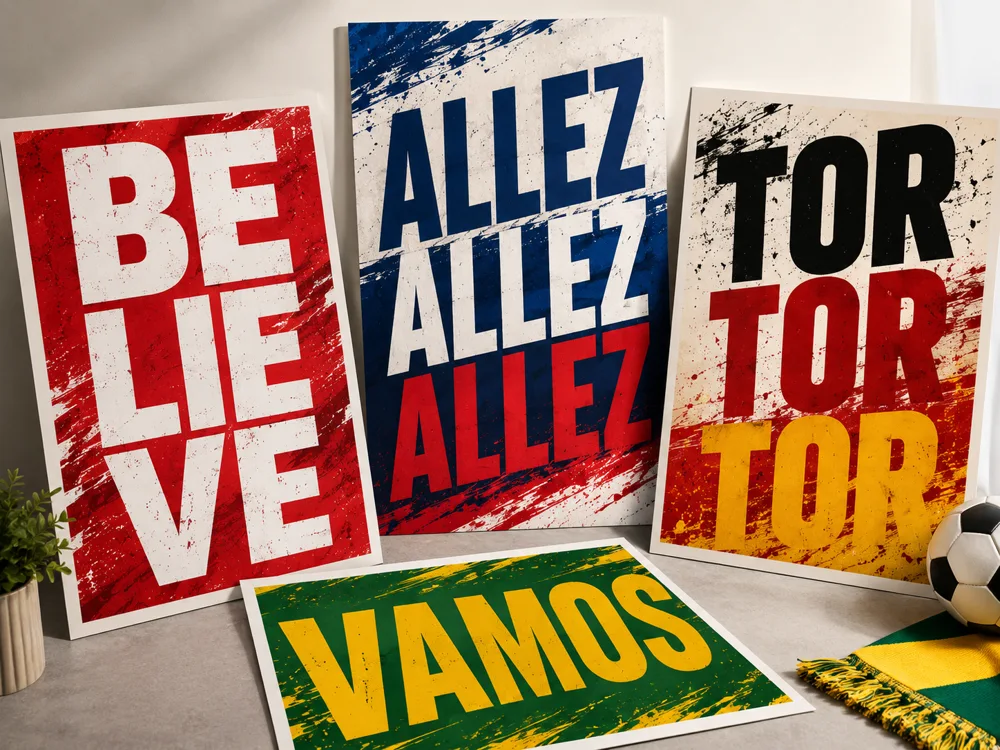 Bold typography-based football fan posters with national flag colours and powerful one-word messages