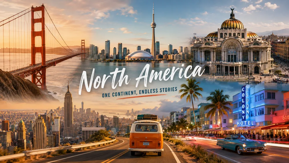 Panoramic collage of North American cityscapes featuring iconic landmarks from cities across the USA, Canada and Mexico