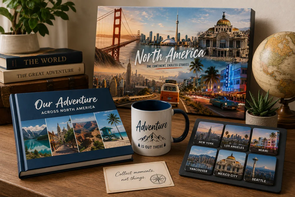 Display of travel photo keepsakes including a photo book, framed canvas print, custom mug, and photo magnets arranged on a desk