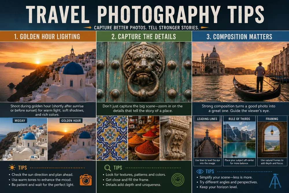 Comparison of travel photography techniques showing golden hour lighting, detail shots, and composition tips