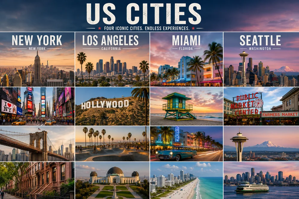 Grid of photography highlights from American football cities showing skylines, street scenes, and iconic landmarks