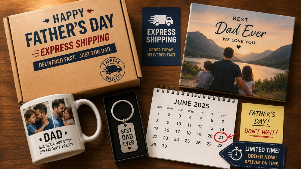 Last-minute Father's Day gift display with express shipping boxes, personalized photo mugs, canvas prints and keychains on a table with a calendar showing June 21