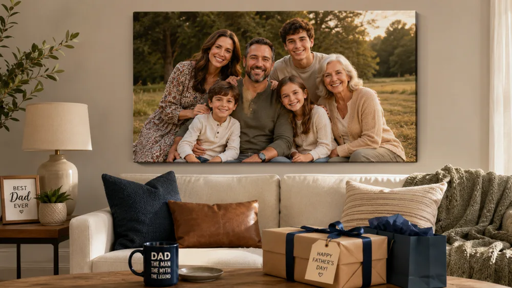 Stunning canvas print of a family photo hanging in a modern living room as a Father's Day gift, with warm natural lighting