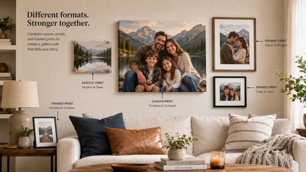 Mixed gallery wall combining canvas prints with acrylic and framed prints in a modern Father's Day wall art display