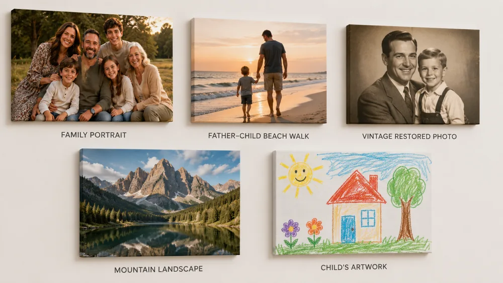 Grid of canvas print photo ideas for Father's Day showing family portraits, father-child moments, vintage photos, landscapes, and children's artwork