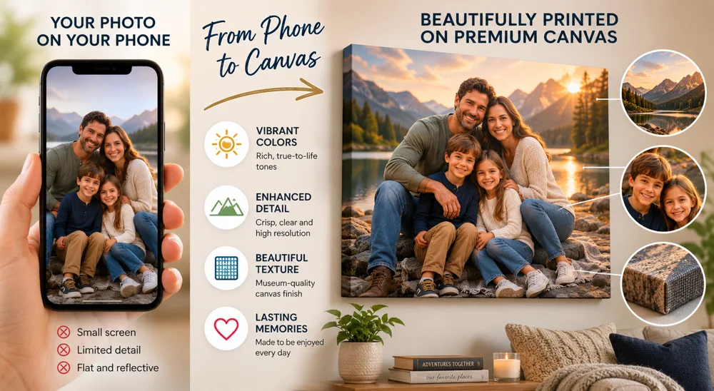 Before and after comparison showing how a family photo looks on screen versus printed on canvas, highlighting color and texture differences