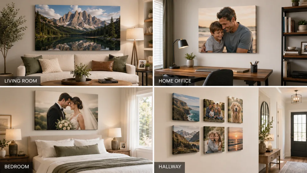 Canvas prints displayed in different rooms of a home including living room, home office, bedroom and hallway showing ideal placement and sizing