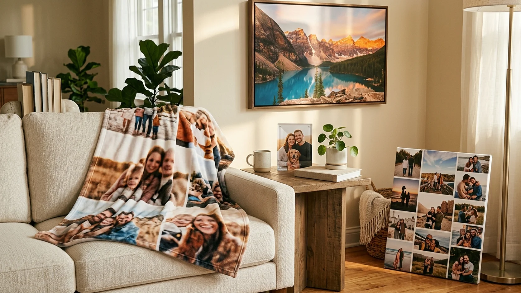 Premium personalized photo gifts under fifty dollars including canvas print, acrylic print, photo blanket, and collage canvas in a modern home setting