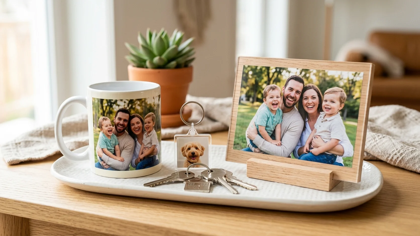 Personalized photo gifts under fifteen dollars including a custom photo mug, keychain, and desktop plaque displayed on a bright surface