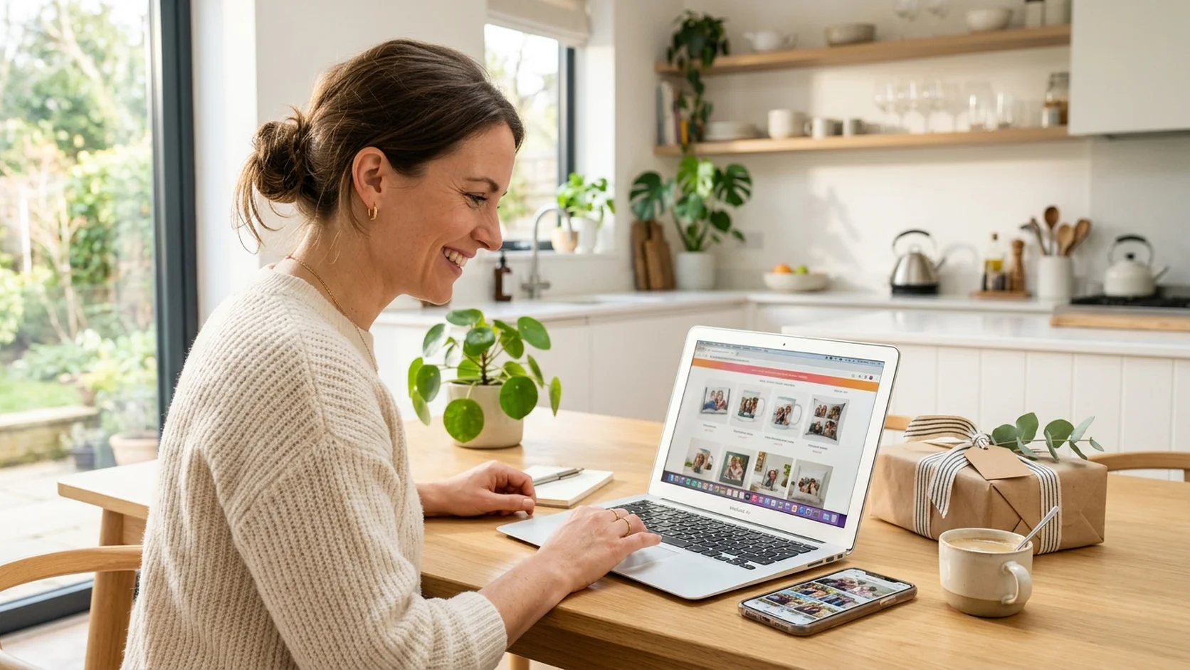 Smart shopping tips for personalized photo gifts showing a phone with photos ready to upload alongside various affordable gift options