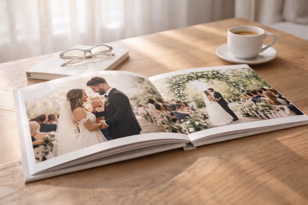 Elegant wedding photo album on a coffee table