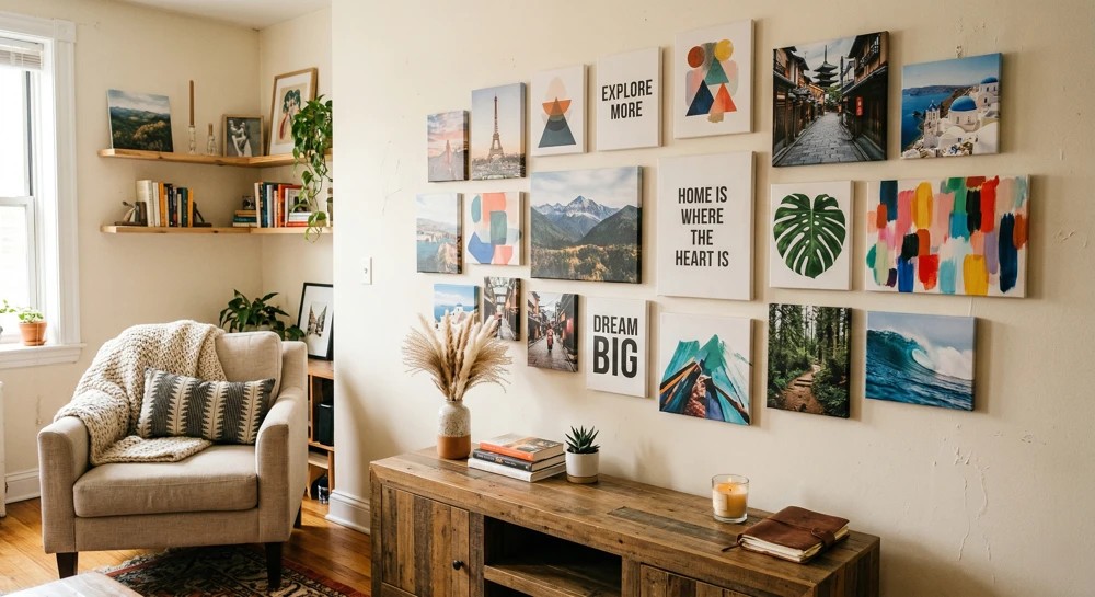 Abstract canvas art above a living room sofa