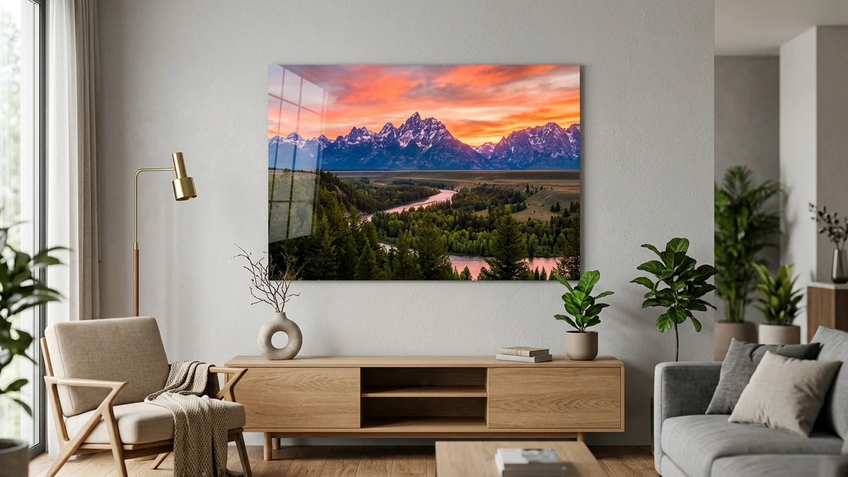 Mountain valley sunset with a winding river on a glossy acrylic print above a living-room bench