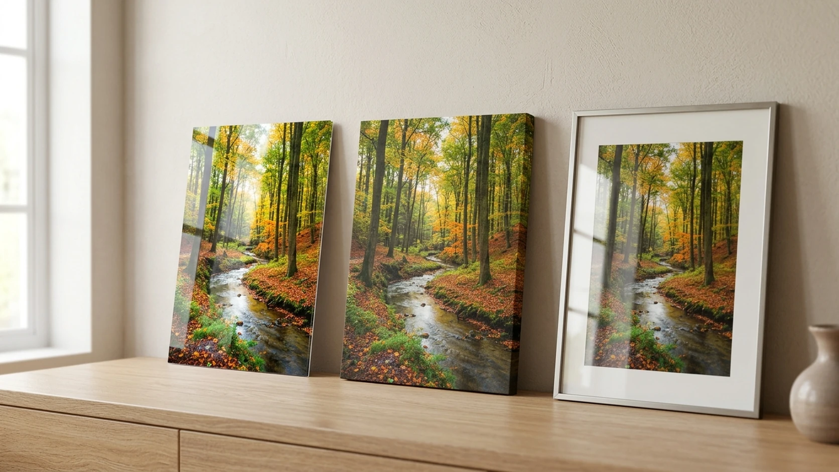 Autumn forest stream on two acrylic prints beside a framed print on a sideboard