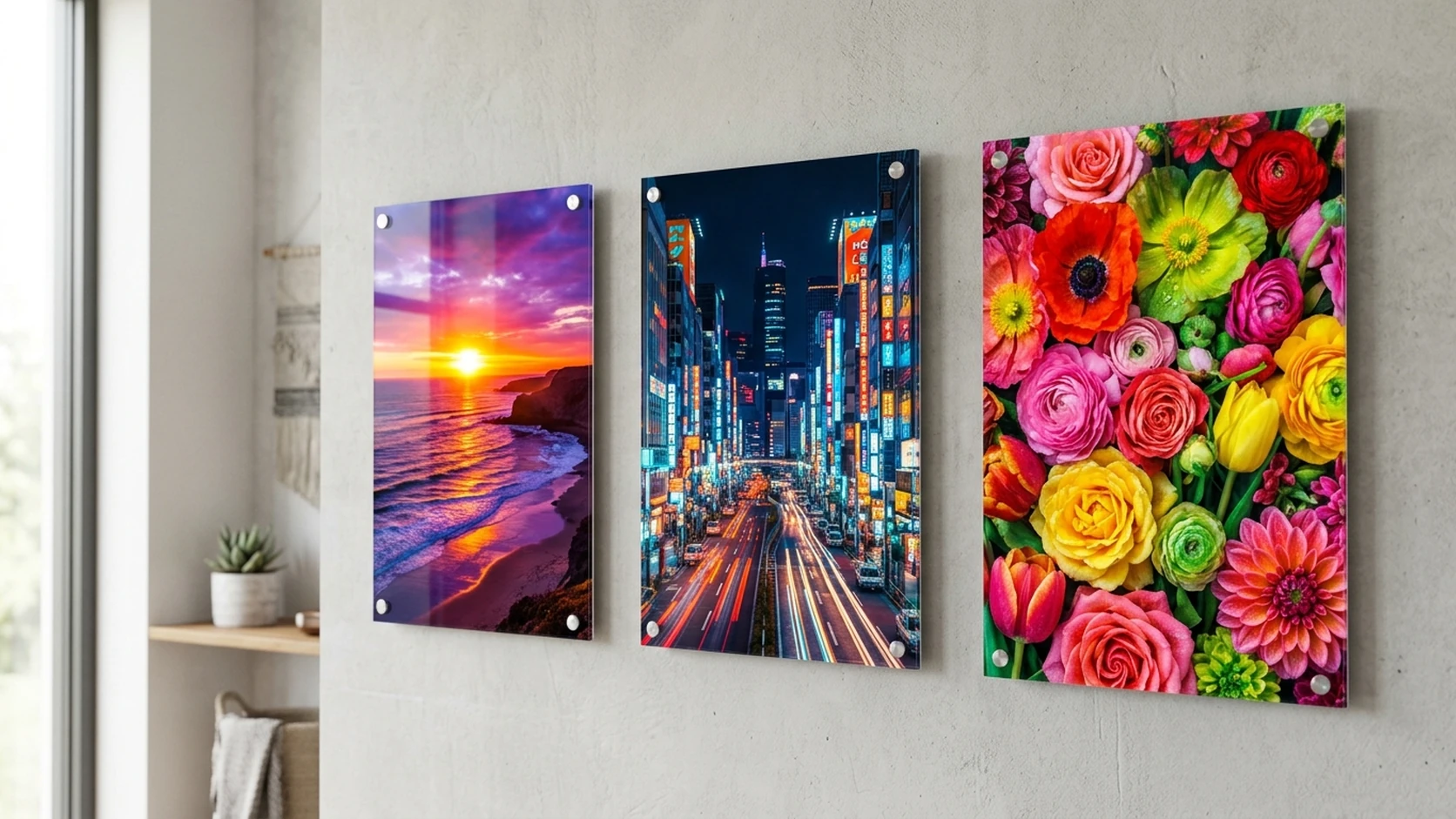 Three acrylic prints on a wall: an ocean sunset, a neon city street, and vivid flowers