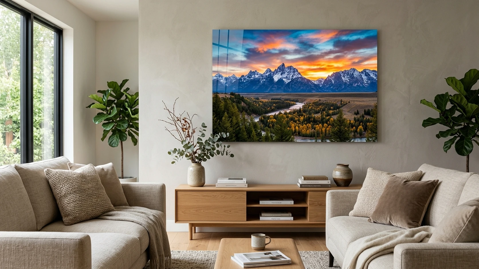 Grand Teton sunset on a large acrylic print above a console as a feature piece