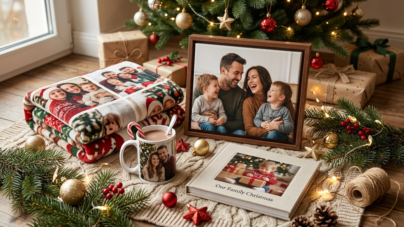 Personalized Christmas photo gifts by a tree: a family canvas, photo mug, photo book, and blanket