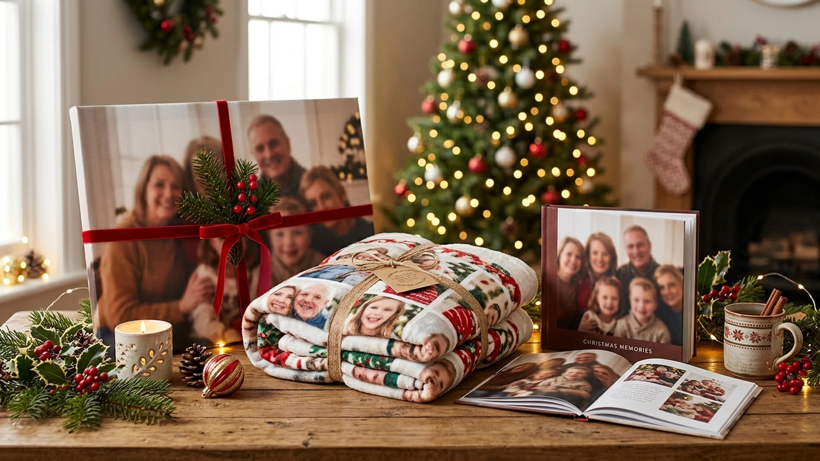 Christmas photo gifts under a tree: a family photo blanket, framed canvas, photo mug, and book