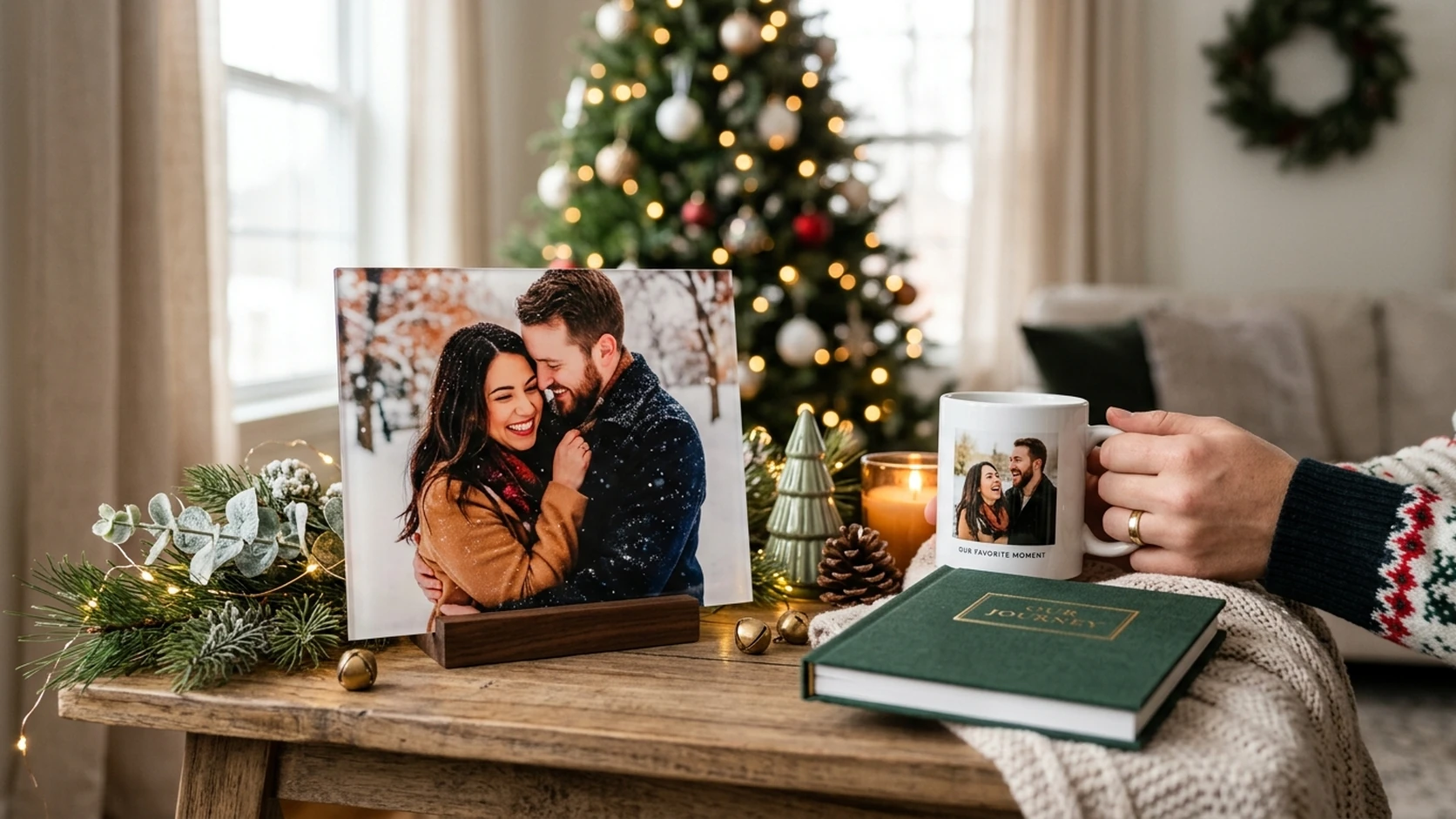 A couple's winter photo on an acrylic print with a photo mug and photo book by a Christmas tree