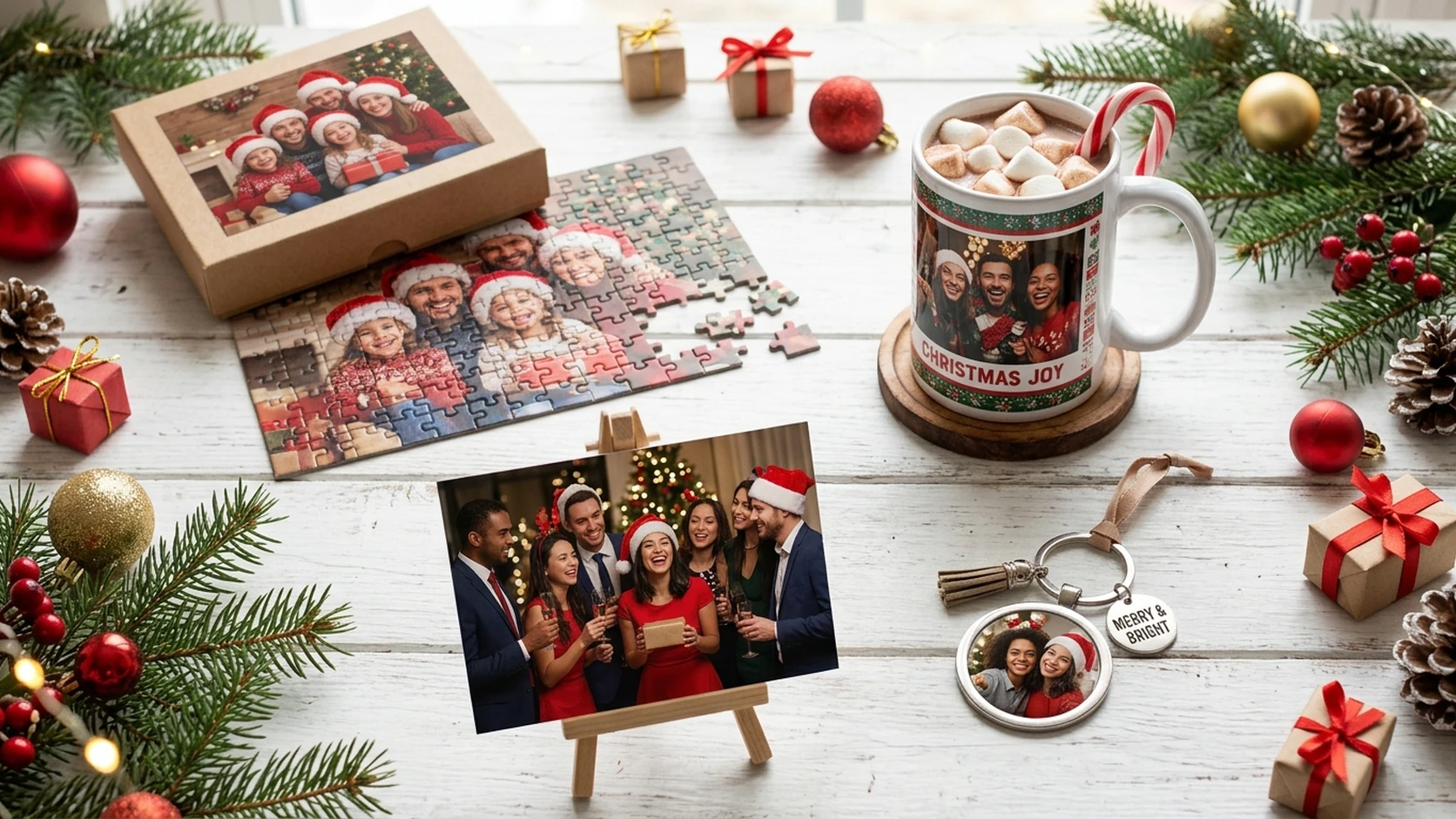 Christmas photo gifts: a family photo puzzle, festive photo mug, photo print, and photo keychain