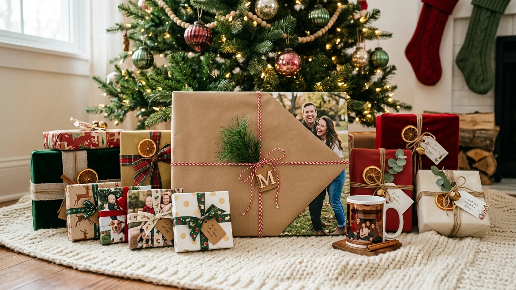 Wrapped personalized photo gifts under a Christmas tree, including a family canvas and photo mug