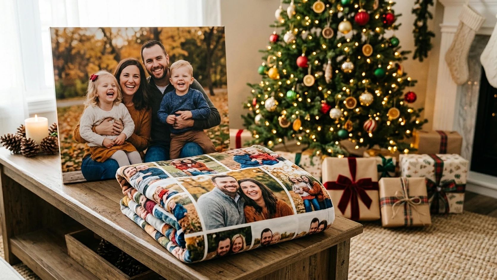 A family photo canvas, collage blanket, open photo book, and photo mug in a festive setting