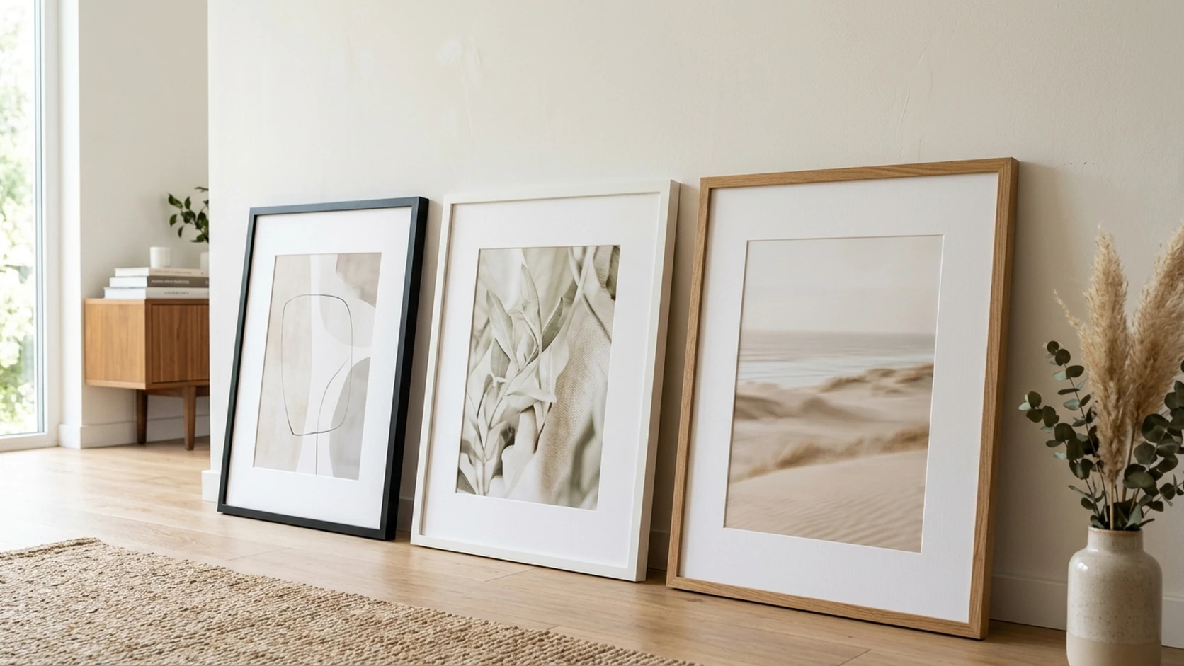 Three matted framed prints in black, white and oak frames leaning against a pale wall on a wooden floor