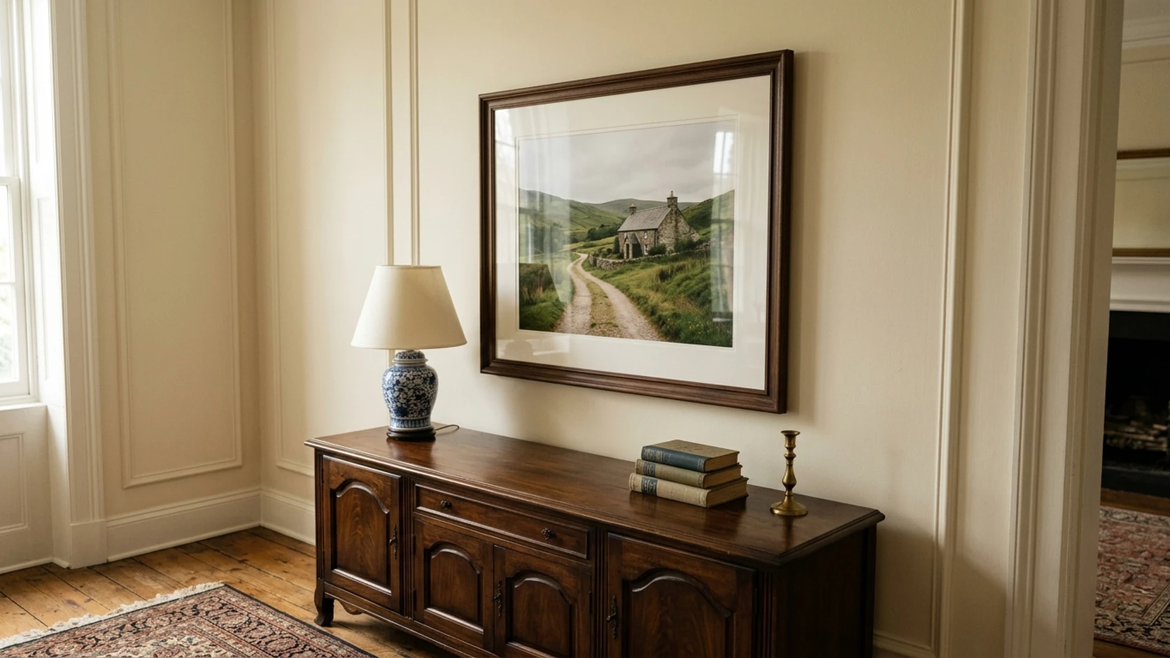 A dark wood framed and matted countryside cottage print above an antique sideboard in a traditional room