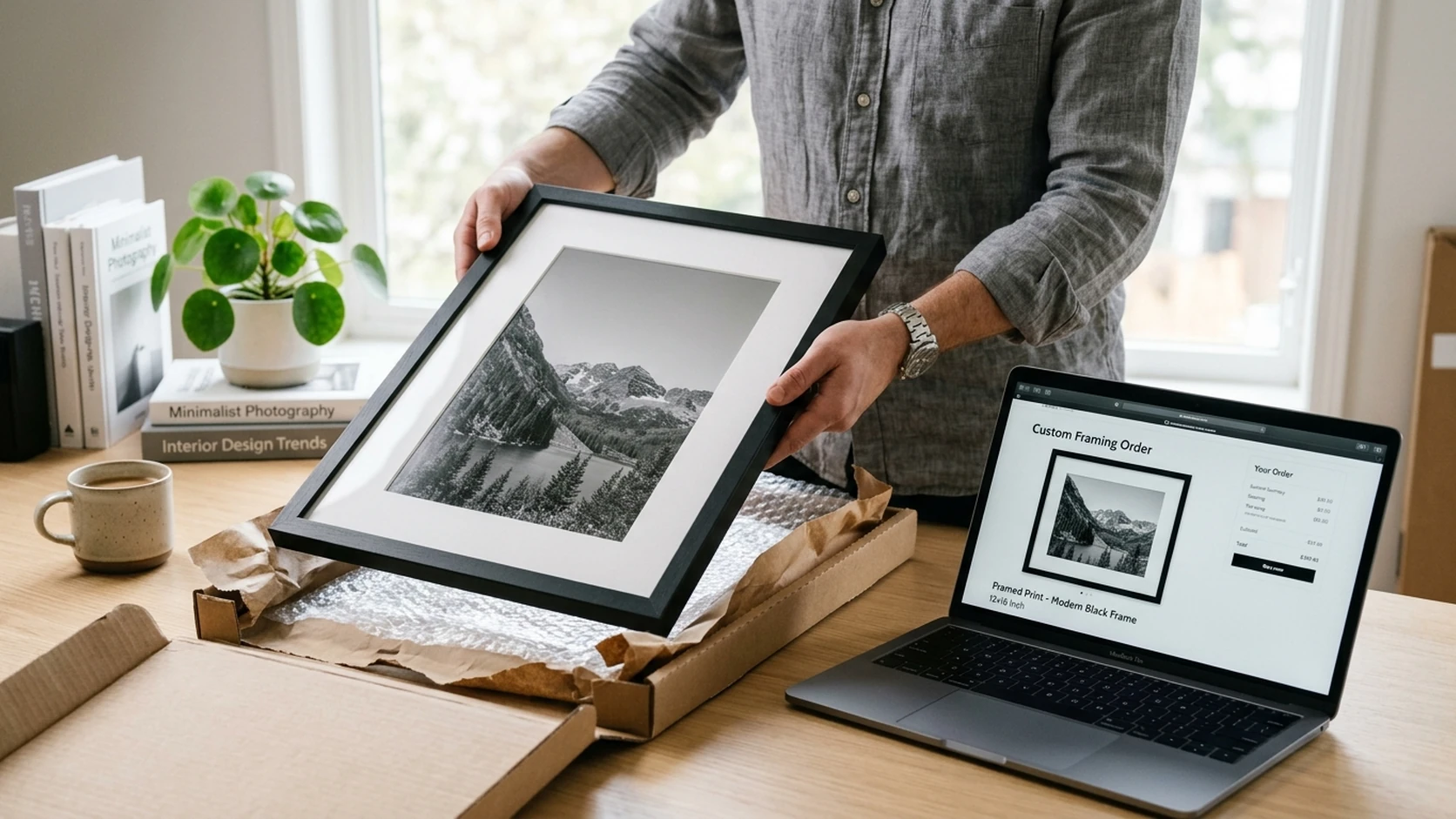 Someone unboxing a black-framed, matted mountain print at a desk beside a laptop showing a custom framing order