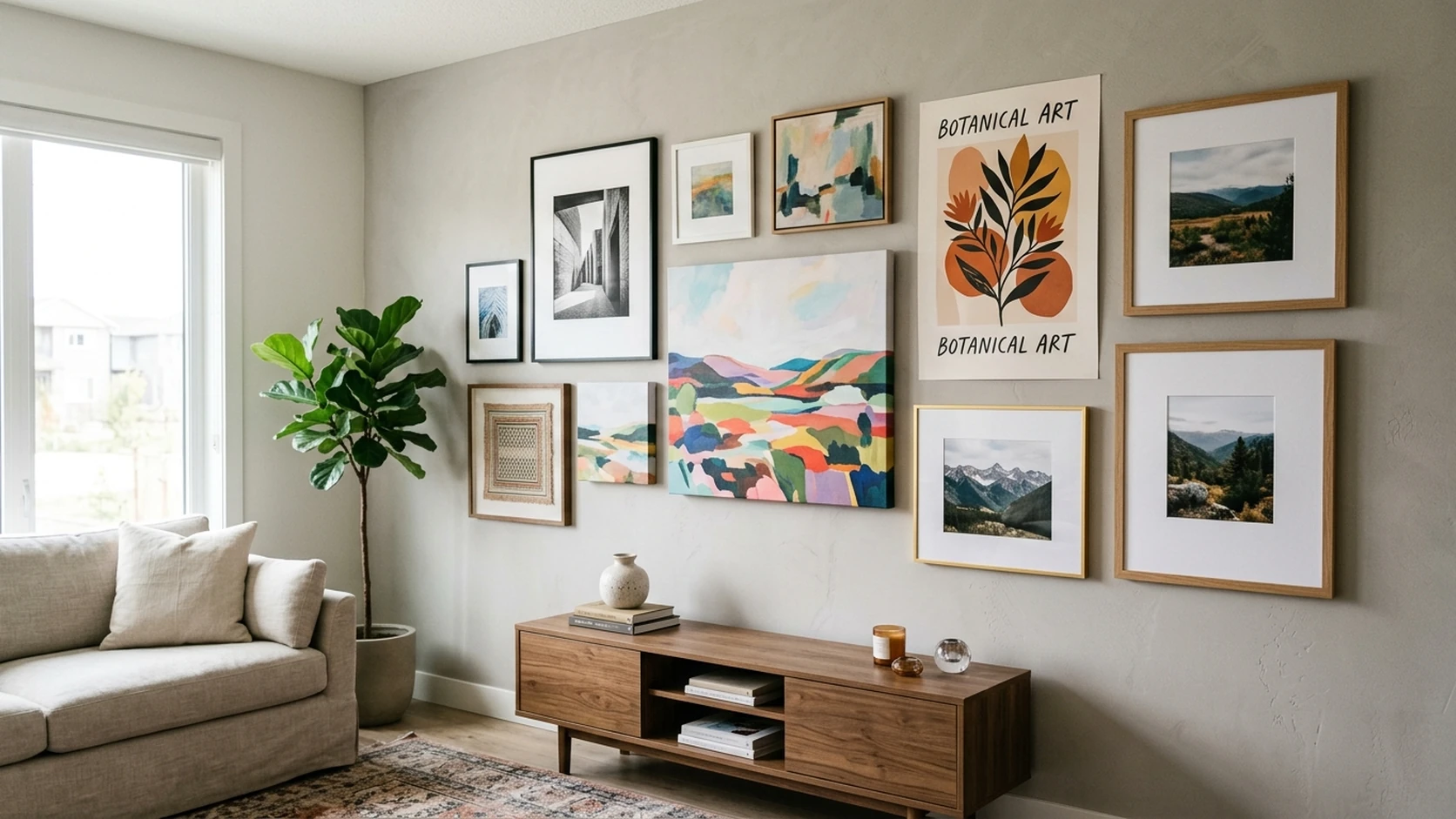 A gallery wall mixing matted framed prints with a colorful abstract canvas above a walnut media console