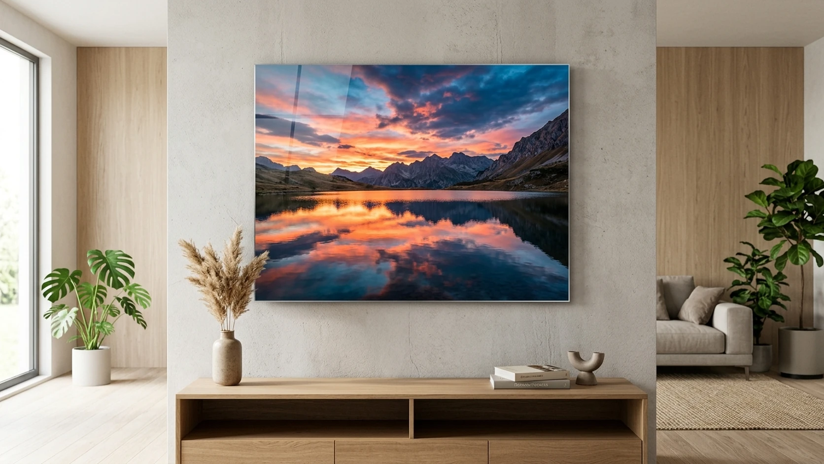 A metal print of a fiery pink and orange sunset reflected in a still mountain lake, hanging on a concrete wall above a wooden sideboard