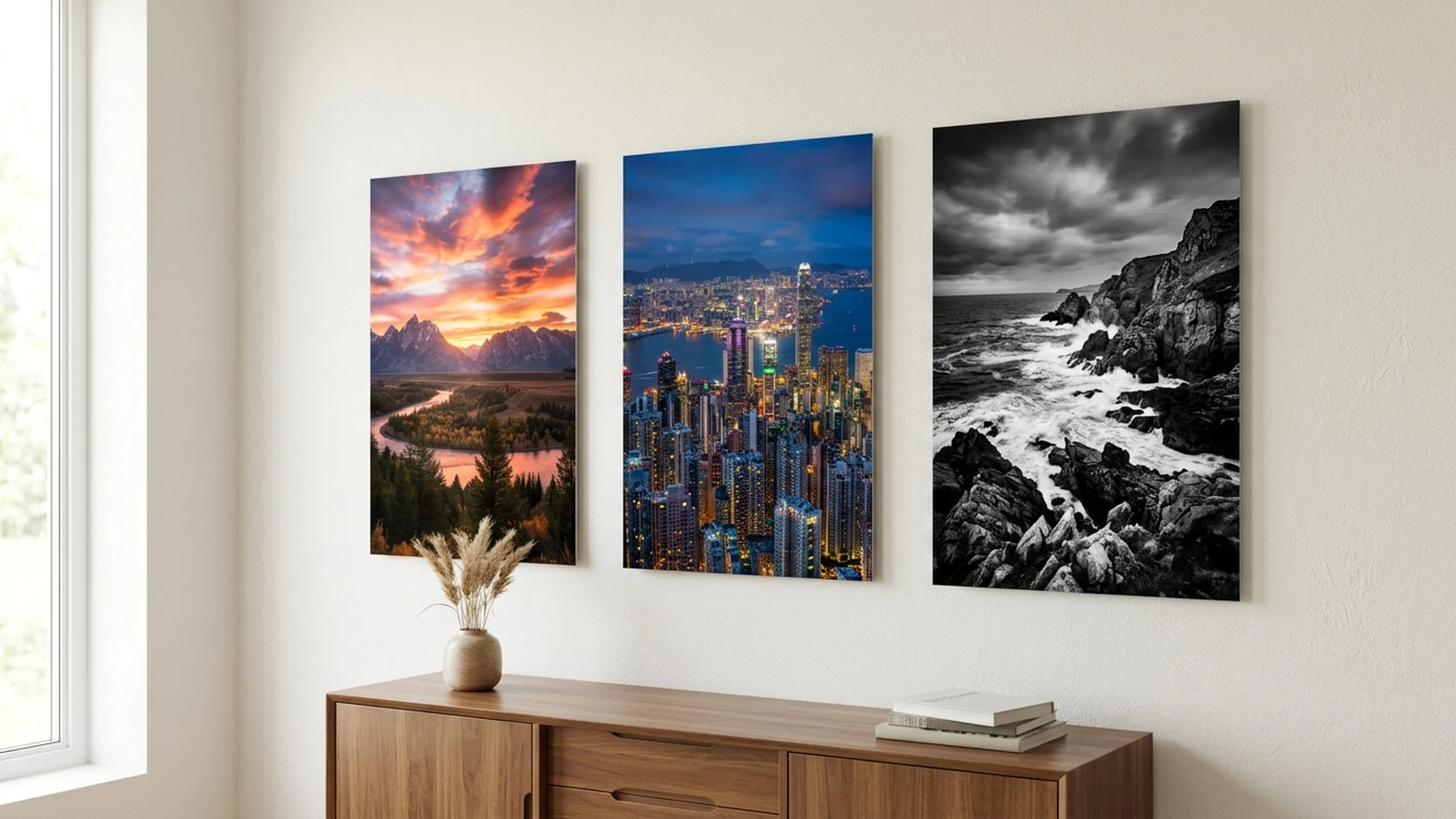 Three portrait metal prints side by side on a white wall — a mountain sunset, a night cityscape, and a black-and-white rocky coastline — above a walnut sideboard