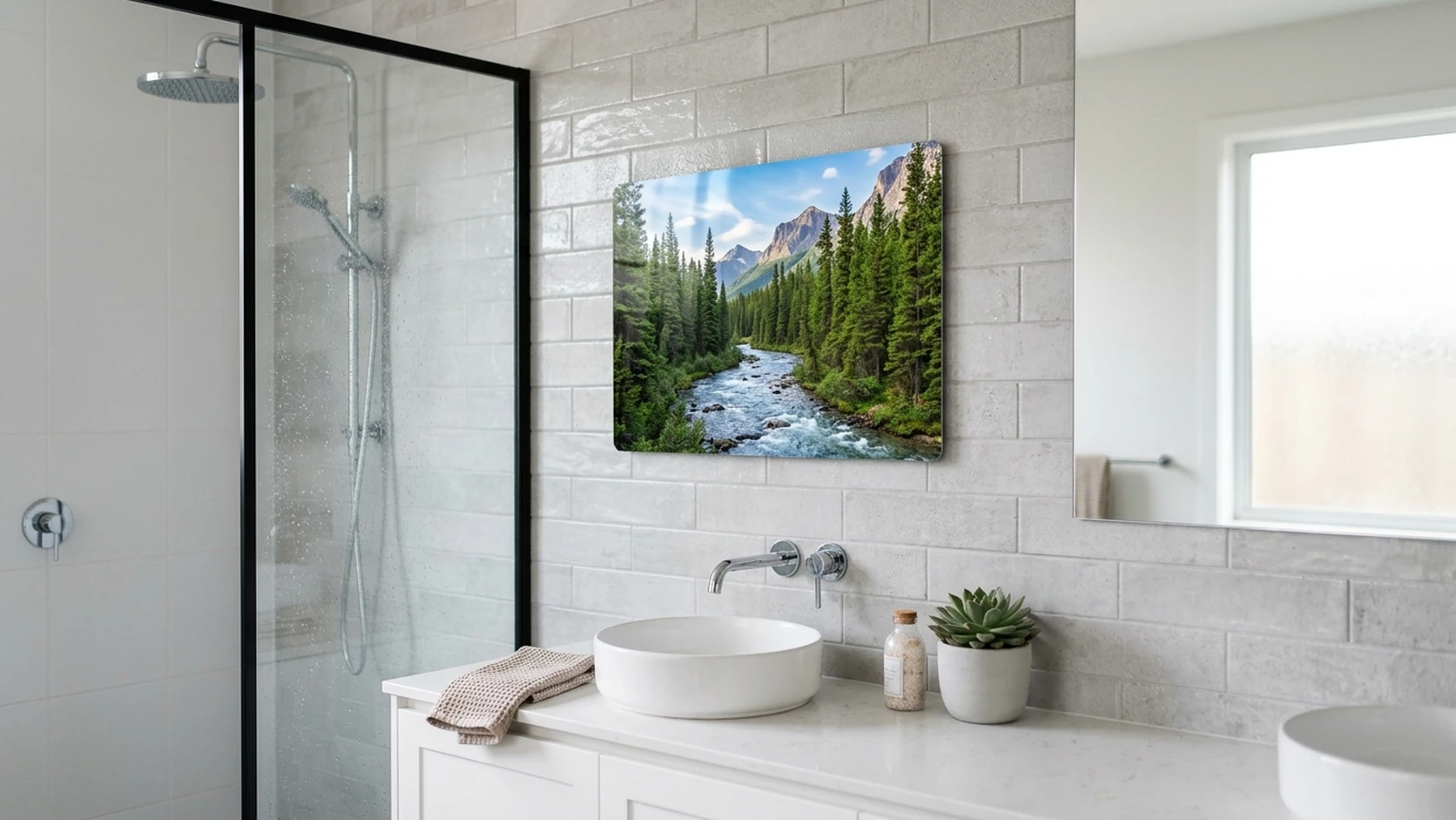 A metal print of a forest river and mountains hanging above the basin in a tiled bathroom, unaffected by the humidity