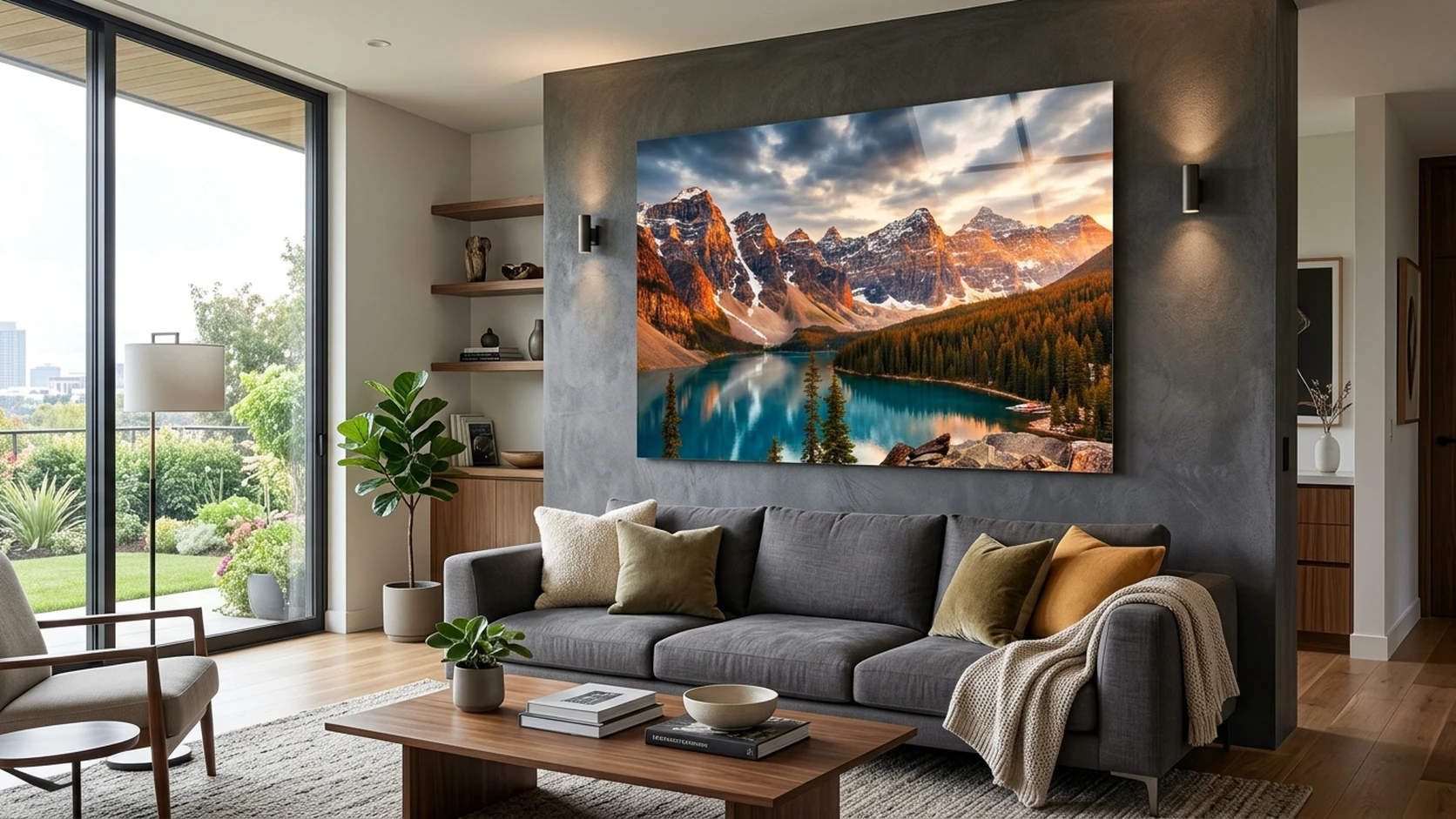 A large metal print of a turquoise mountain lake on a dark grey feature wall above a grey sofa in a modern living room
