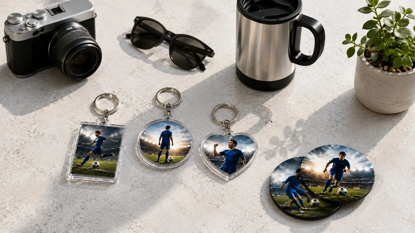 Custom photo keychains in heart, round, and rectangular shapes displayed with a camera, sunglasses, and travel mug