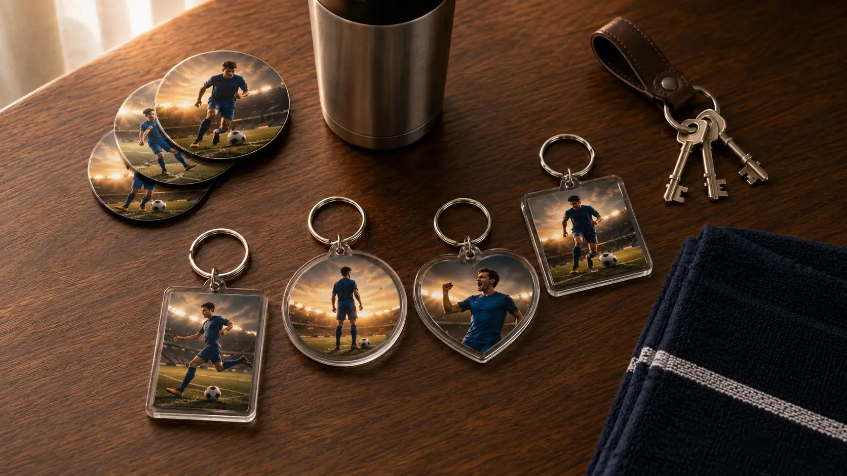 Set of four custom photo keychains on a wooden desk with keys, travel mug, and sports towel