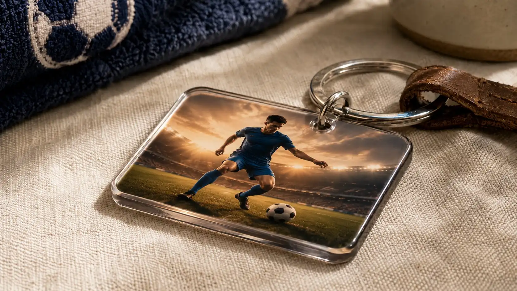 Close-up of a rectangular custom photo keychain featuring a soccer player at the stadium at sunset