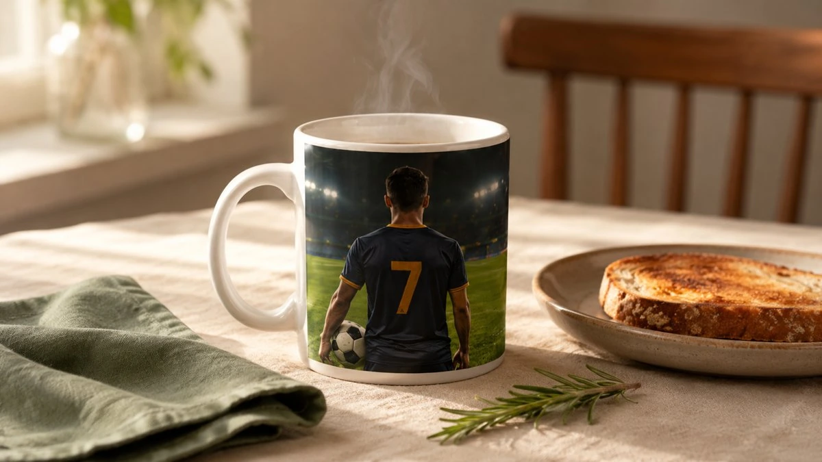 Custom photo mug with stadium photo on the breakfast table as a Championship Summer keepsake
