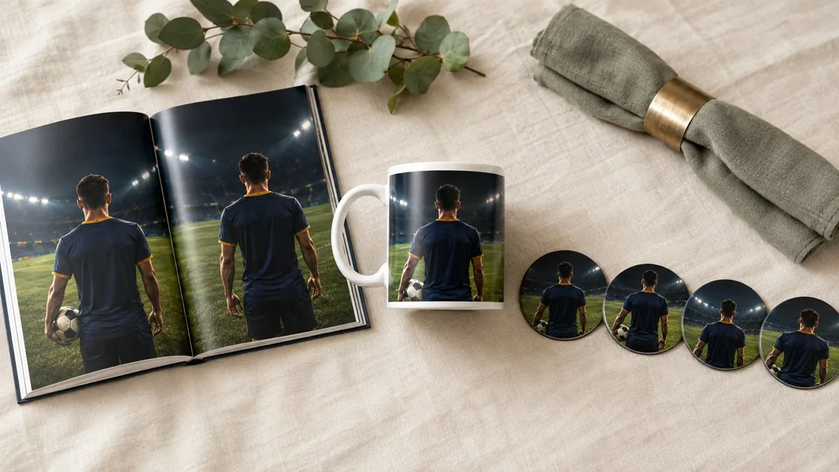 Custom photo mug with a photo book and photo magnets as a coordinated Championship Summer keepsake set